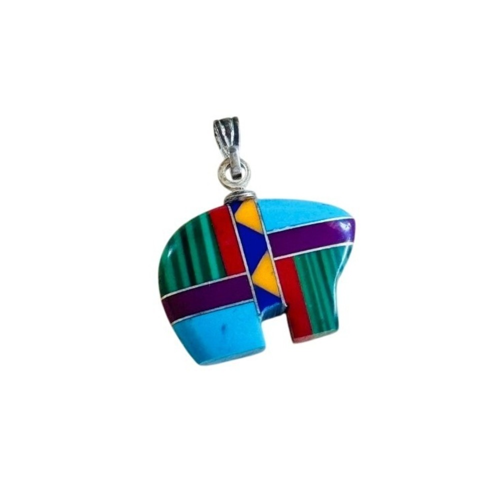 VTG Zuni Bear Fetish Pendant Charm Inlay Turquoise Coral Sterling Silver 925